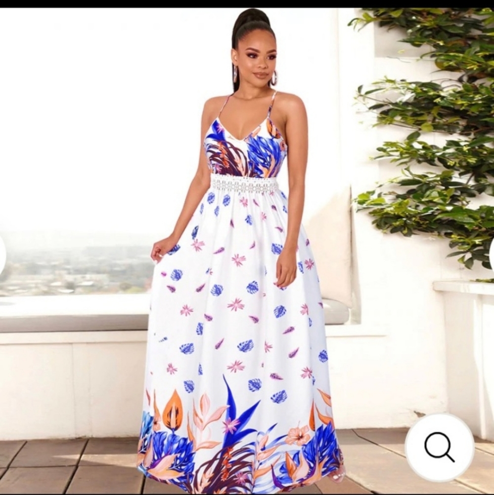 GORGEOUS  Blue, Orange and White Maxi Dress